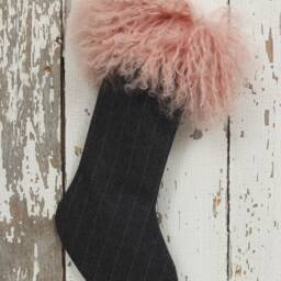 Pink Mongolian Lamb Fur Christmas Stocking Gray Pinstripe Wool Cuff - thumbnail 2