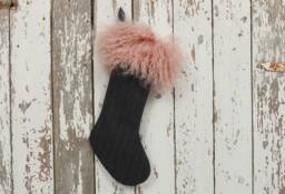 Pink Mongolian Lamb Fur Christmas Stocking Gray Pinstripe Wool Cuff