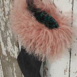 Pink Mongolian Lamb Fur Christmas Stocking Gray Pinstripe Wool Cuff - thumbnail 3