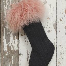 Pink Mongolian Lamb Fur Christmas Stocking Gray Pinstripe Wool Cuff - thumbnail 4