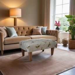Pheasant Cotton Footstool - French Oak Legs, Cottage Decor - 76x37x30cm