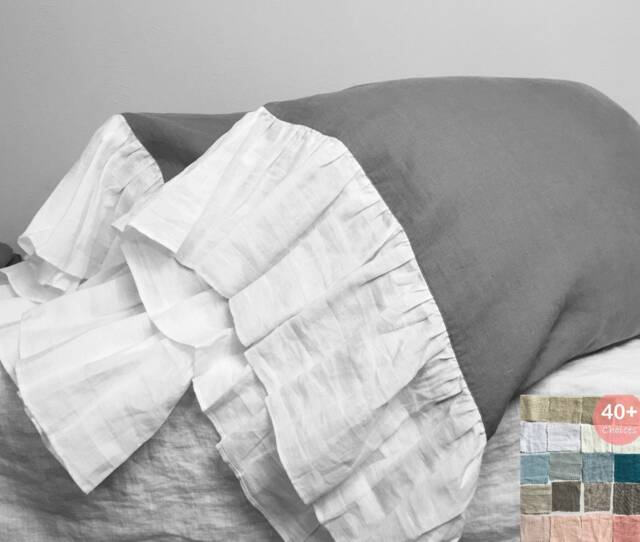Pair Of Color Block Linen Pillow Cases With Mermaid Country Long Ruffles - Multiple Colors, Mix Match Your Way - image 1