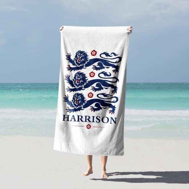 Three Lions Personalised Name England Flag Bath Beach Towel Football Supporter St Georges Cross Sports Fan Holiday Gift Present For Him Her - image 1
