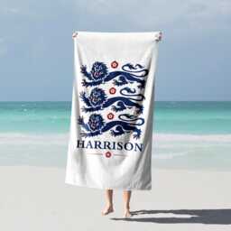 Three Lions Personalised Name England Flag Bath Beach Towel Football Supporter St Georges Cross Sports Fan Holiday Gift Present For Him Her - thumbnail 1