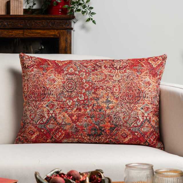 Regal Tapestry Xl Rectangular Cushion. Warm Tones in Red, Grey & Brown Geometric Print. 23X15 - image 1