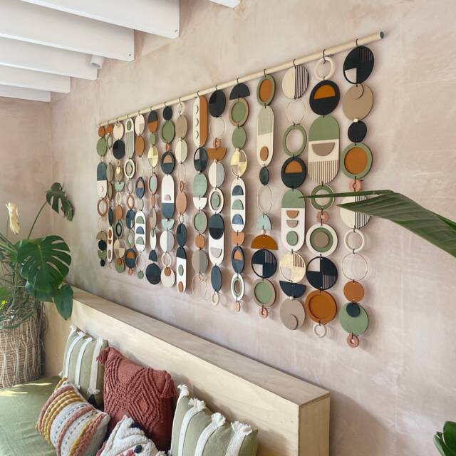 Large Modern Wall Hanging - Handmade Mid Century Art Geometric Wooden Burnt Orange Olive Green Decor Extra Wide Statement Piece - image 1