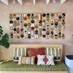 Large Modern Wall Hanging - Handmade Mid Century Art Geometric Wooden Burnt Orange Olive Green Decor Extra Wide Statement Piece - thumbnail 2