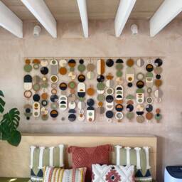 Large Modern Wall Hanging - Handmade Mid Century Art Geometric Wooden Burnt Orange Olive Green Decor Extra Wide Statement Piece - thumbnail 4
