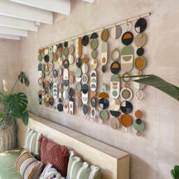Large Modern Wall Hanging - Handmade Mid Century Art Geometric Wooden Burnt Orange Olive Green Decor Extra Wide Statement Piece