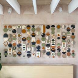 Large Modern Wall Hanging - Handmade Mid Century Art Geometric Wooden Burnt Orange Olive Green Decor Extra Wide Statement Piece - thumbnail 3