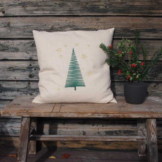 Christmas Tree Cushion Linen Beige Natural, Dark Green & Gold Embroidered 40X40 45X45 40X50 50X50 40 X 60 cm Decoration Gift - image 1