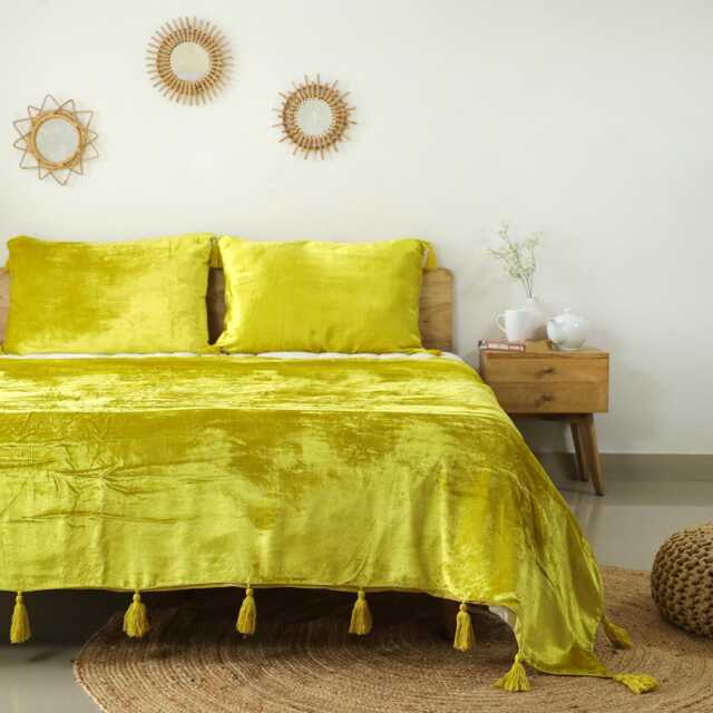 Lemon Yellow Luxe Velvet Bedspread Throw Blanket With Handmade Knotted Tassels Soft Boho Sofa Living Room Christmas Gift - image 1