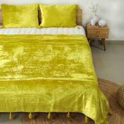 Lemon Yellow Luxe Velvet Bedspread Throw Blanket With Handmade Knotted Tassels Soft Boho Sofa Living Room Christmas Gift - thumbnail 4