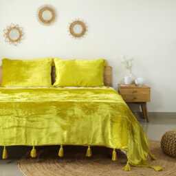 Lemon Yellow Luxe Velvet Bedspread Throw Blanket With Handmade Knotted Tassels Soft Boho Sofa Living Room Christmas Gift - thumbnail 1