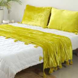 Lemon Yellow Luxe Velvet Bedspread Throw Blanket With Handmade Knotted Tassels Soft Boho Sofa Living Room Christmas Gift - thumbnail 2