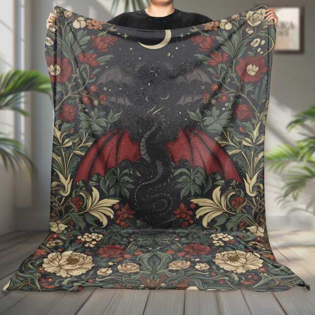 Fantasy Dragon & Flower Fleece Blanket, Reading Blanket Gift, Gift For Book Lovers, Decor - image 1