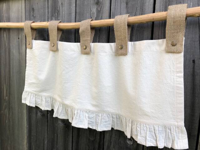 Farmhouse Rustic Valance in Natural Beige Cotton Burlap Tab Top & Ruffle Curtains Cottage Kitchen Window Lined Custom Size - image 1