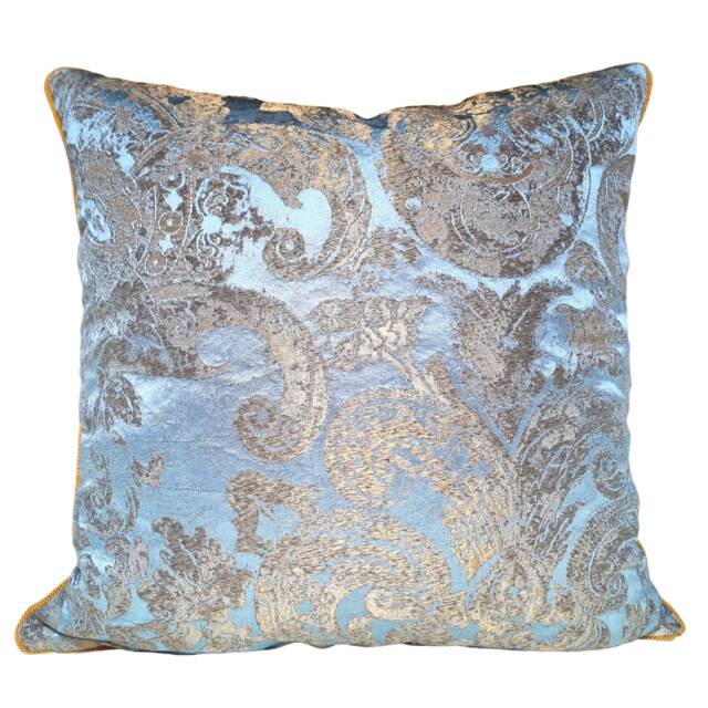Silk Brocade Throw Pillow Cushion Cover Rubelli Fabric Blue Madonna & Gold Barbarigo Pattern - Handmade in Italy - image 1