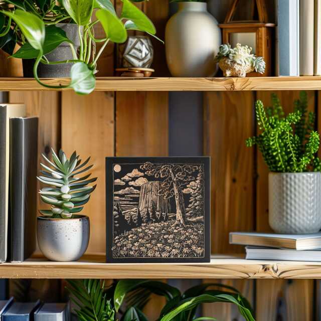 Wyoming Devil's Tower Engraved Birch Wood Panel - Linocut Block Print Wall Art, State Illustration, Western Folk Art Home Decor Gift - image 1