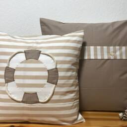 1x Maritime Cushion Cover, Country Style Decorative Cushion, Lifebuoy Beige/White Striped - thumbnail 3
