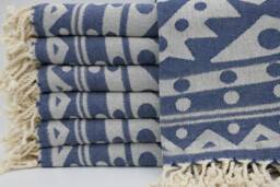 "Round Patterned Towel, Navy Blue Towel, Ultra Soft Towel, Double Face Towel, Turkish Peshtemal, 40""x70" - thumbnail 1
