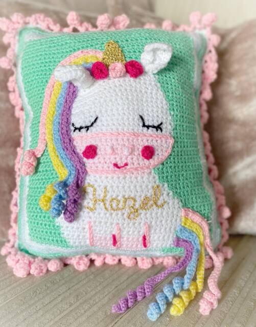 Crochet Unicorn Cushion, Personalised Embroidered Name, Birthday Christmas Gift Rainbow Pillow - image 1