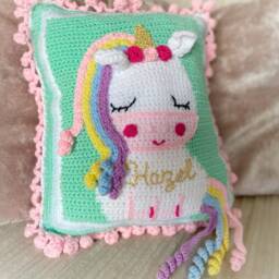 Crochet Unicorn Cushion, Personalised Embroidered Name, Birthday Christmas Gift Rainbow Pillow - thumbnail 2