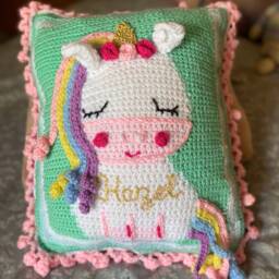Crochet Unicorn Cushion, Personalised Embroidered Name, Birthday Christmas Gift Rainbow Pillow - thumbnail 4