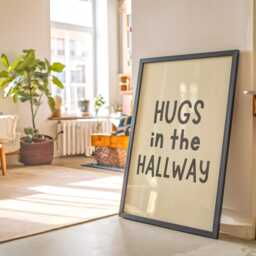 Hugs in The Hallway Wall Art Print - Charcoal & Cream Typography Poster, Minimalist Home Decor, A5 A4 A3 Print, Neutral Hallway Quote - thumbnail 2