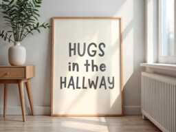Hugs in The Hallway Wall Art Print - Charcoal & Cream Typography Poster, Minimalist Home Decor, A5 A4 A3 Print, Neutral Hallway Quote - thumbnail 1