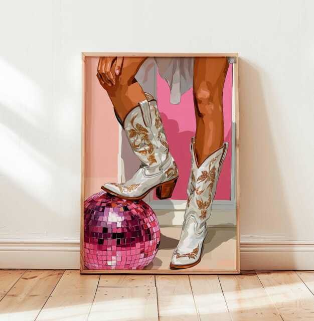 Pink Cowgirl Boots Disco Ball Poster, Western Wall Art, Retro Country Girl Decor, Floral Cowboy Boot Illustration For Bedroom Or Studio - image 1