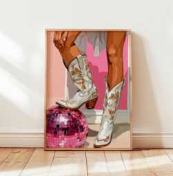 Pink Cowgirl Boots Disco Ball Poster, Western Wall Art, Retro Country Girl Decor, Floral Cowboy Boot Illustration For Bedroom Or Studio - thumbnail 1