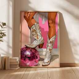 Pink Cowgirl Boots Disco Ball Poster, Western Wall Art, Retro Country Girl Decor, Floral Cowboy Boot Illustration For Bedroom Or Studio - thumbnail 2