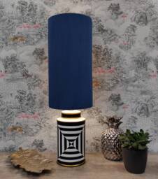 Extra Tall Drum Lampshade in Navy Blue Velvet, 50cm Height - thumbnail 1