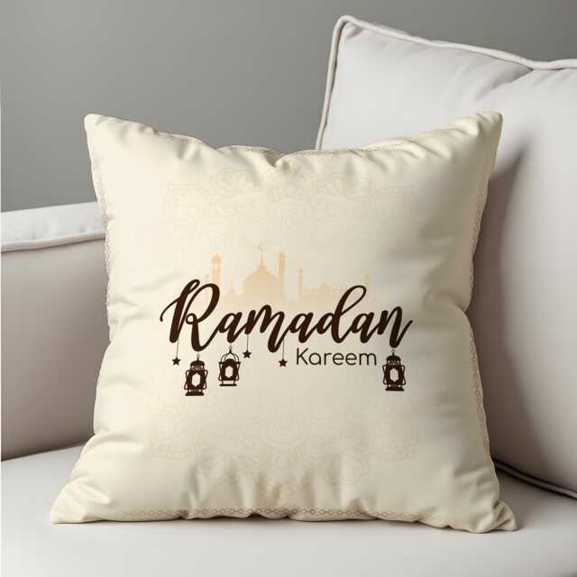 Ramadan Kareem Cushion Cover, Cream Islamic Lantern Pillow, Minimal Typography Design, Home Decor - image 1