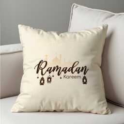 Ramadan Kareem Cushion Cover, Cream Islamic Lantern Pillow, Minimal Typography Design, Home Decor - thumbnail 1