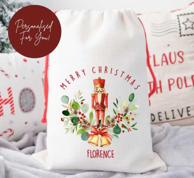 Large Personalised Christmas Sack, Nutcracker Decor, Gift Wrap, Sugar Plum, Wreath, Traditional - image 1