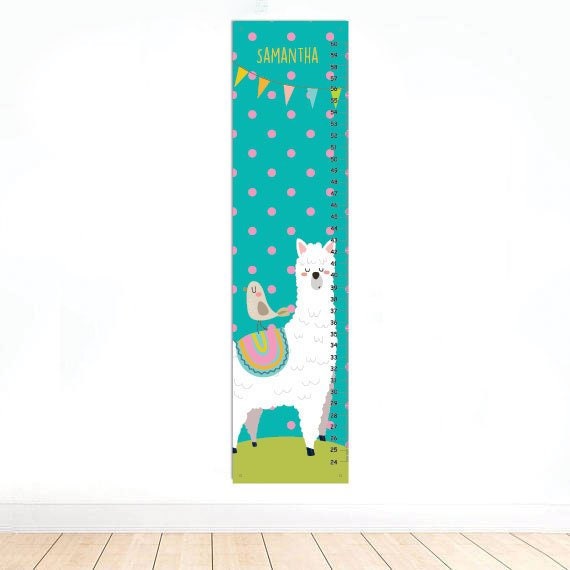 Personalized Growth Chart - Llama Chart, Baby Wall Art, Nursery Decor, Custom Teal & Pink Dots - image 1