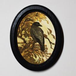 Halloween Black Oval Wooden Framed Picture, 3 X 4 Gothic Print, Witchy Wall Hanging, Theo Van Hoytema, Crow On A Branch - thumbnail 1
