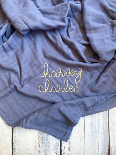 Hand Embroidered Baby Toddler Quilt // Personalized Monogram Muslin Bamboo Blanket Boho - image 1