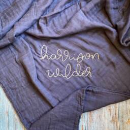 Hand Embroidered Baby Toddler Quilt // Personalized Monogram Muslin Bamboo Blanket Boho - thumbnail 3