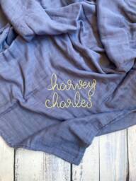 Hand Embroidered Baby Toddler Quilt // Personalized Monogram Muslin Bamboo Blanket Boho