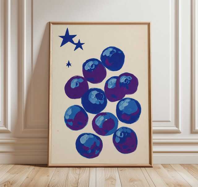 Mid Century Blueberry Art Print, Retro Kitchen Wall Art, Modern Fruit Poster, Minimalist Pop Style Home Decor - image 1