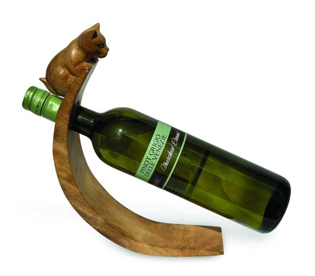 Cat Hand Carved Wooden Balance Wine Bottle Holder, Curved Gravity Stand - image 1