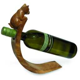 Cat Hand Carved Wooden Balance Wine Bottle Holder, Curved Gravity Stand - thumbnail 2