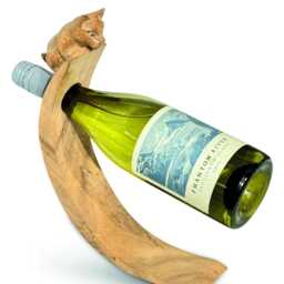 Cat Hand Carved Wooden Balance Wine Bottle Holder, Curved Gravity Stand - thumbnail 4