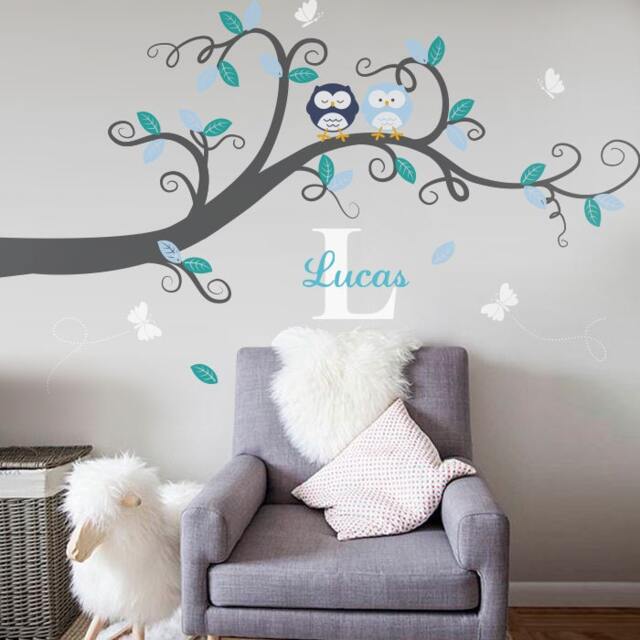 Baby Nursery Decor Branch Tree, Owls & Custom Name - Wall Decal - image 1