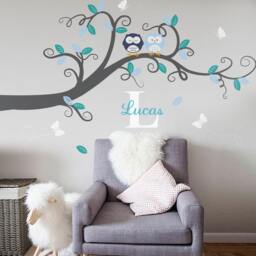 Baby Nursery Decor Branch Tree, Owls & Custom Name - Wall Decal - thumbnail 1