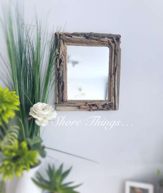 "Driftwood Mirror Natural Isle Of Wight Beach Home Decor Nautical Wall Hanging 12""x14" - image 1
