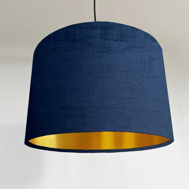 Textured Indigo Blue Velvet Drum Lampshade/ Ceiling Shade Metallic Brushed Gold Lining - image 1